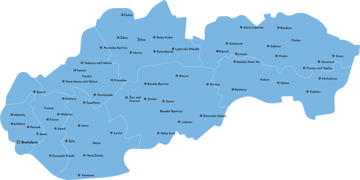 Map of Slovakia with cities simple blue vector illustration for travel and geography
