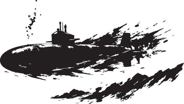 A black and white silhouette of a submarine under a sea in dynamic ink splash style  vector with transparent background 
