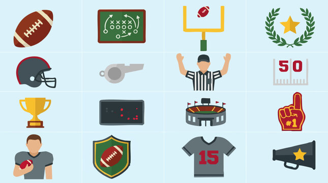 American Football Flat Design Icons Set with Sports Equipment and Game Elements