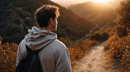Naklejka premium Young man hiking a mountain trail at sunset, observing a beautiful natural landscape, enjoying a mindful stroll, solitude, freedom, and exploration outdoors