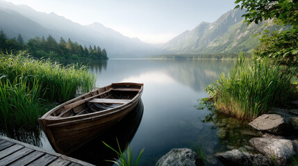 Obraz premium Wooden boat resting on a calm mountain lake with soft light illuminating surrounding peaks and verdant trees, evoking feelings of peace, getaway, and nature exploration