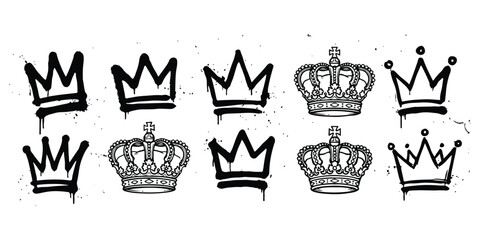 Set of black graffiti street art crown icons and vintage royal crown illustrations Vector, illustration © md