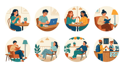 Fototapeta premium People engage in various activities at home and in cafes with laptops and books.