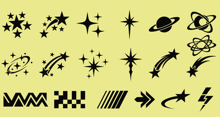 Y2K Retro Futuristic Icon Set Featuring Sparkles Cosmic Planets Comets Tribal Elements Abstract Geometrical Shapes Graphic Vector Illustration © Abul