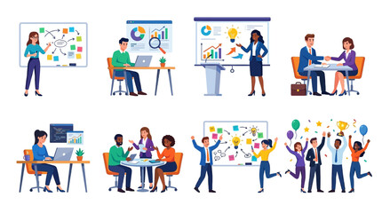 Fototapeta premium Business people work together in office setting with presentations and laptops