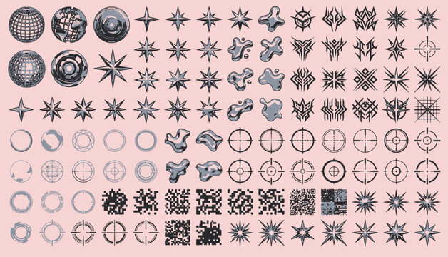 Y2K cyber metallic chrome icons abstract futuristic geometric shapes brutalist starburst crosshairs techno elements set isolated vector illustration