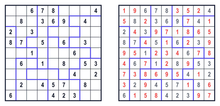 Sudoku puzzle with answers and highlighted correct numbers. Sudoku - jigsaw medium