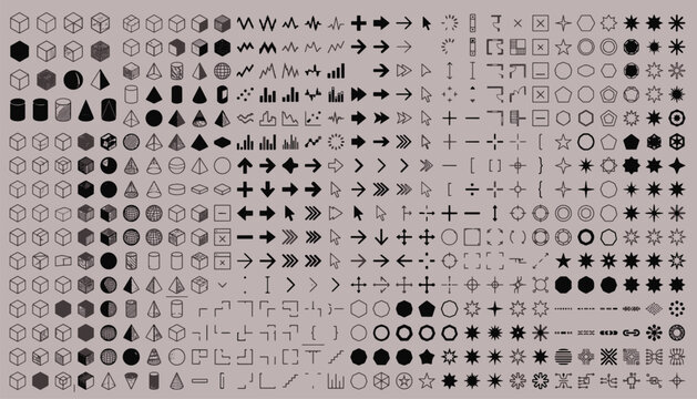 Geometric brutalist abstract line art vector glyph icon set including arrows stars 3d wireframe grids and charts for stock vector illustration