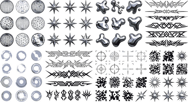 Y2K Cyber Metallic Vector Elements Pack with Chrome Liquid Blobs Brutalist Barbwire Shapes and Starburst Icons for Futuristic Graphic Design Vector Illustration