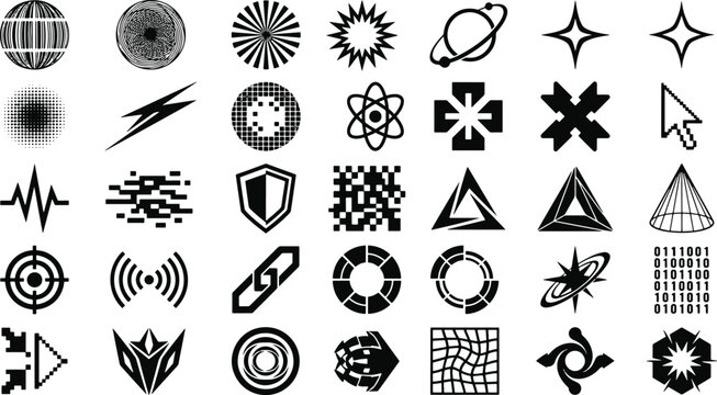 Y2K retro futuristic vector design elements neo brutalist geometric shapes cyberpunk icons starbursts and abstract techno badges vector illustration