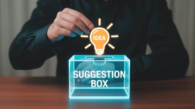 Hand putting a glowing light bulb icon labeled IDEA into a luminous suggestion box on a wooden table, representing creativity and innovation.