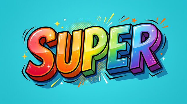 SUPER" typography in a vibrant, colorful, and energetic pop art style, featuring a dynamic 3D effect with a bright rainbow gradient and comic book graphic elements