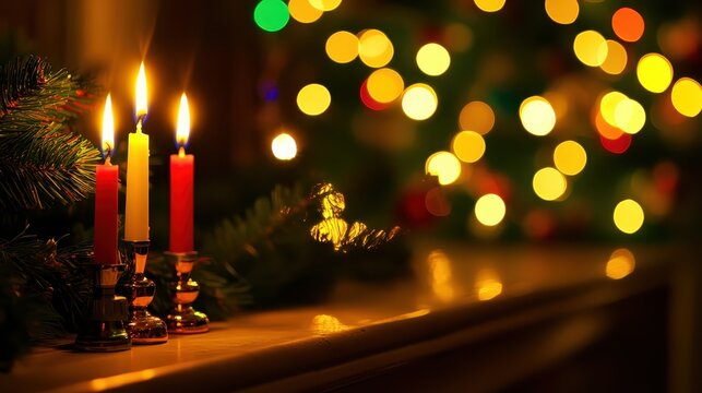 A solitary red Christmas candle burns brightly on a festive holiday mantle with soft, glowing bokeh lights in the background