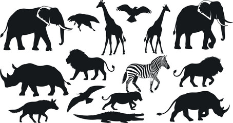 Fototapeta premium Black and White Line Art Icon Set of 12 Wild Animals Including Elephant, Giraffe, Lion, Zebra, Crocodile, and More for Educational and Design Use
