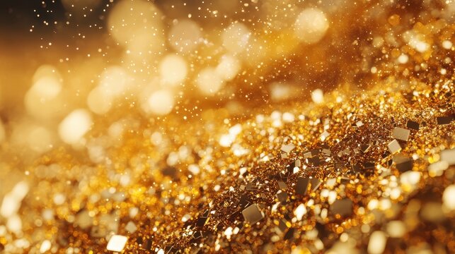 Abstract close-up of shimmering gold glitter and bokeh lights, evoking luxury and celebration