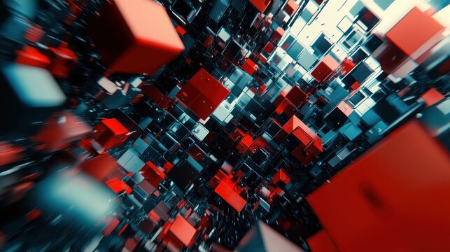 Abstract digital anomalies represented as attacking red cubes against a complex geometric network, symbolizing cyber threats and data breaches