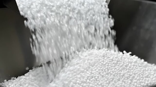 Industrial production of white plastic pellets for manufacturing processes.