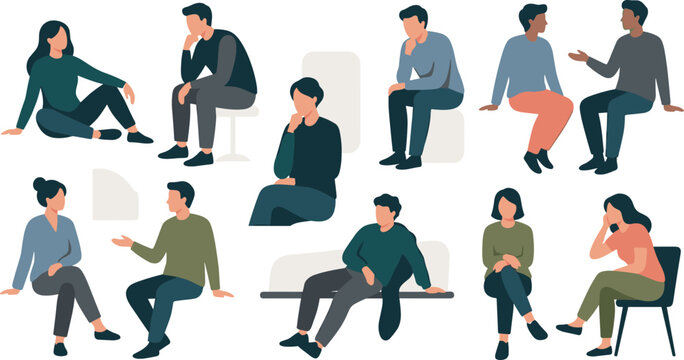 Flat vector illustration set of people sitting talking and thinking isolated on white background