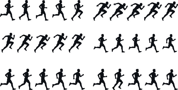 Runner silhouette animation sprite sheet set with jogging and sprinting man characters isolated on white background