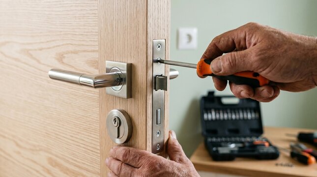 A person installing a modern door lock with a screwdriver in a home interior setting
