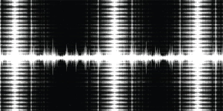 Abstract sound wave pattern with white digital pulse lines on a solid black background Vector, illustration