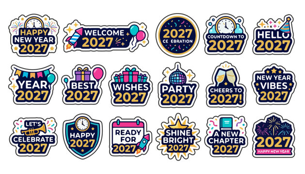 Happy new year 2027 vector sticker collection festive badges and labels party time lets celebrate disco ball champagne glasses celebration greeting illustration graphics
