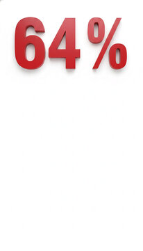 Red 3D number sixty-four percent displayed on a white background, representing data, statistics, or a sales offer.