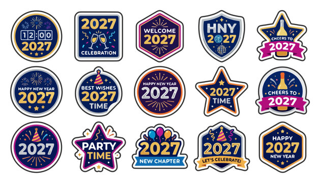 Collection of new year 2027 celebration badges and labels with clocks festive icons new chapter themes for events and greetings party hats web design speech bubble celebration
