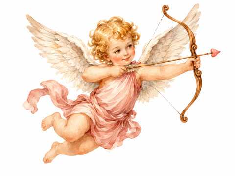 A charming watercolor illustration of a flying Cupid featuring a classical cherub with white feathered wings, golden curls, and a bow with heart-tipped arrow illustrated in a romantic vintage style.