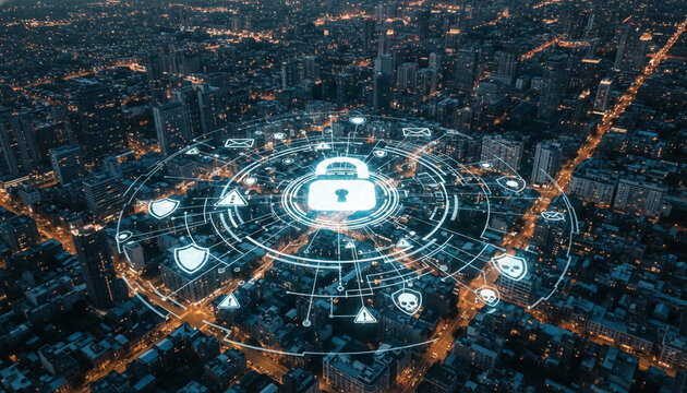 Digital overlay of security icons, including a lock and shields, over a dark cityscape at night, representing cyber protection and urban data security concepts.