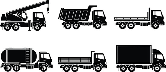 Commercial Truck Silhouette Set with Heavy Duty Construction Vehicles Crane Dump Truck Tanker and Delivery Cargo Van Icons for Logistics Transport Vector Graphic © Md