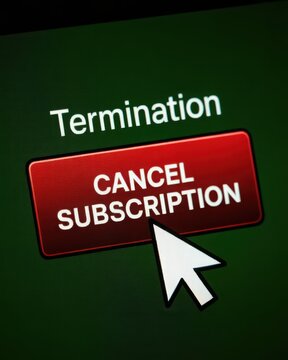 Mouse cursor clicking a 'CANCEL SUBSCRIPTION' button with 'Termination' text on a digital screen.
