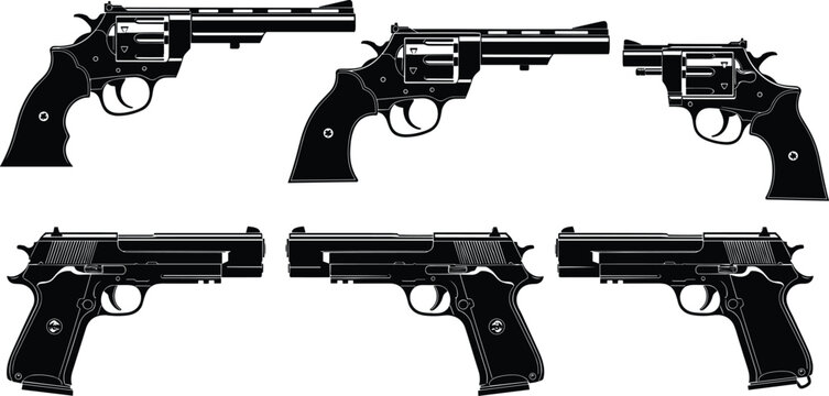 Handgun Silhouette Set with Detailed Revolvers and Semi Automatic Pistols for Self Defense Security Law Enforcement and Military Weapons Design Vector Illustration