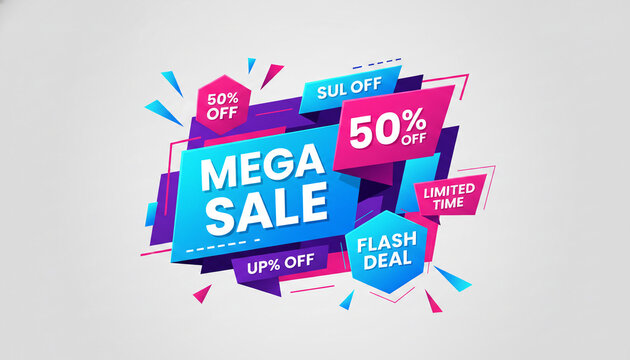 Dynamic sale graphic with bright geometric shapes and text indicating discounts, symbolizing a promotional event and urgent deals for shoppers