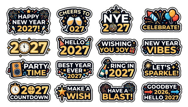 New year 2027 celebration vector badges and stickers collection with party messages party time ring in make a wish have a blast graphic resources celebration stickers illustration
