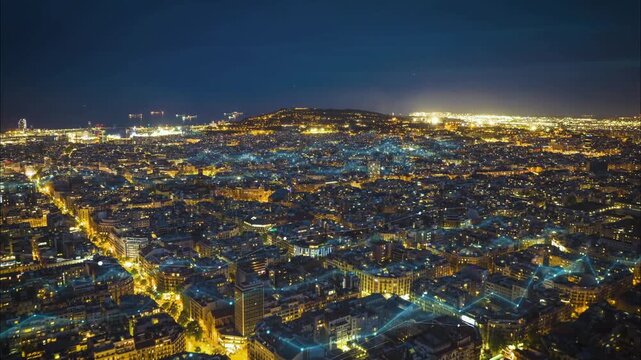 Aerial night city with futuristic glowing digital network data lines
