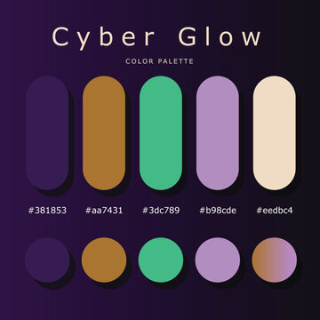 Modern Cyber Glow color palette poster with deep purple, golden brown, mint green, lavender, and beige capsule and circular swatches, visible hex codes, and dark background for branding and UI design