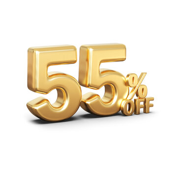 A premium golden 55 percent off discount icon with a shiny 3D metallic effect. Isolated on a transparent background, this design is ideal for sales promotions, special offers, marketing banners,