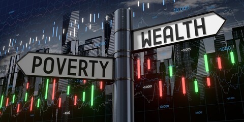 Poverty or wealth - signpost with two arrows and financial data - 3D illustration © PX Media
