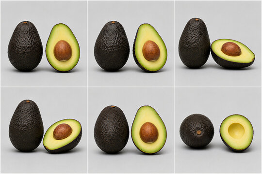 Fresh avocados shown whole and halved from multiple angles in a clean 2x3 product grid.