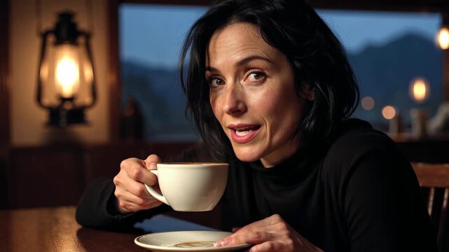Portrait of a woman holding coffee in a rustic cafe, realistic style, with indoor background, concept of comfort