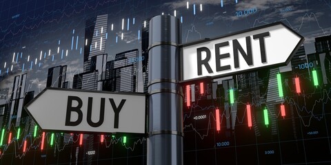 Buy or rent - signpost with two arrows and financial data - 3D illustration © PX Media