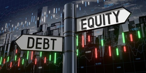 Debt or equity - signpost with two arrows and financial data - 3D illustration © PX Media