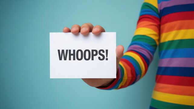 Person in a rainbow-striped sweater holding a white card with the word WHOOPS on a blue background