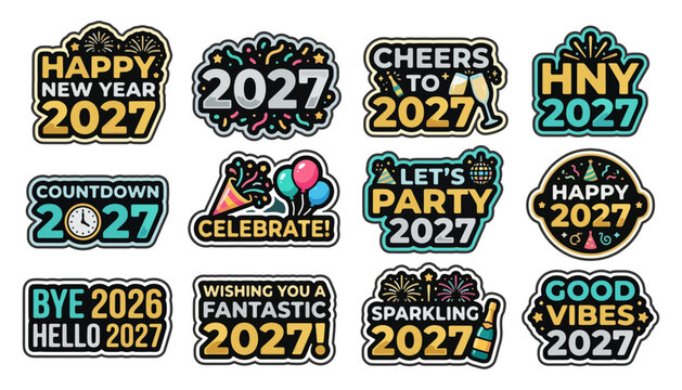 Happy new year 2027 selection of festive stickers and badges vector graphics with good vibes year end celebration greeting illustration fireworks midnight countdown seasonal
