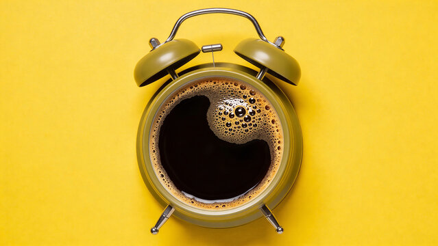 Cup of coffee inside green alarm clock on yellow background