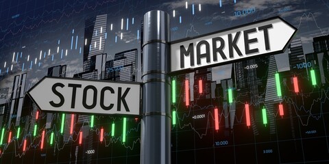 Stock market - signpost with two arrows and financial data - 3D illustration © PX Media
