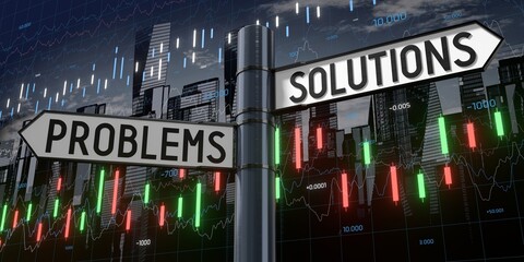 Problems and solutions - signpost with two arrows and financial data - 3D illustration © PX Media
