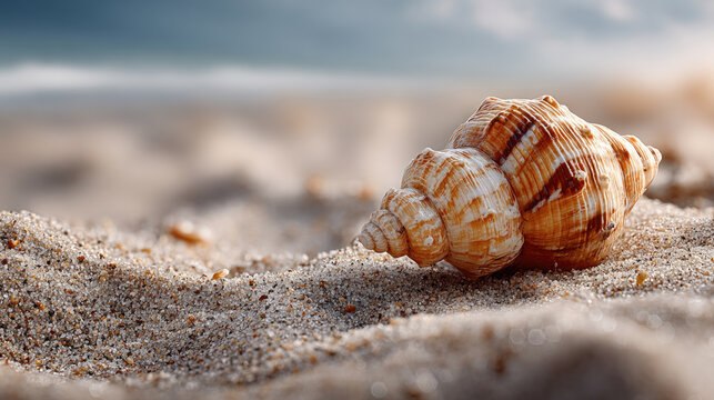 Conch shell resting peacefully on a sun drenched tropical beach, its intricate spiral pattern symbolizing serene ocean life, summer holidays, and tranquil seaside escape