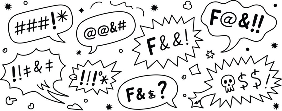 Comic-style censored profanity speech bubbles with symbols, stars, hearts, skull, expressive cartoon exclamations, colorful popart vector